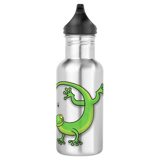 Grijze groene gekko-groeten met bug-cartoon waterfles  (Rechts)