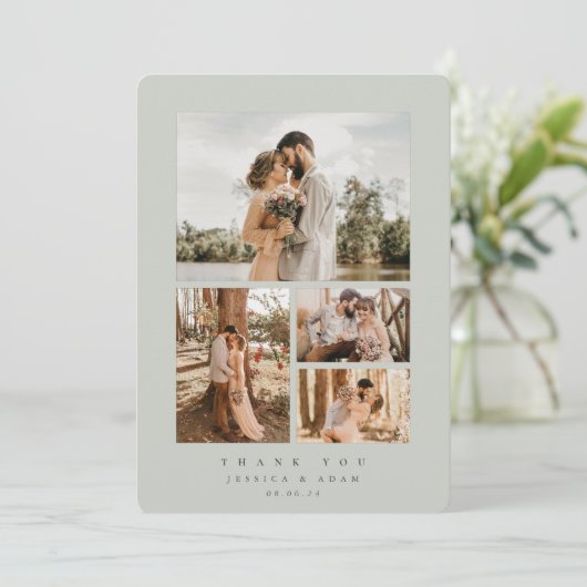 Grijze groene legant minimum 4 foto-weddenschap bedankkaart (Staand voorkant)
