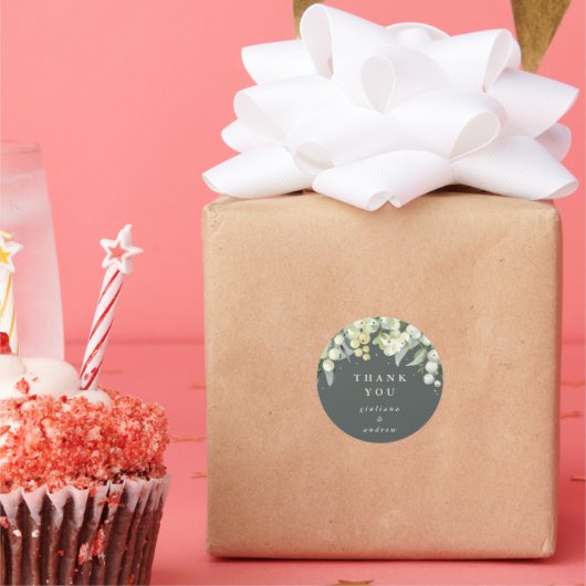 Grijze groene sneeuwbes + eucalyptus bruiloft dank ronde sticker (Feest)