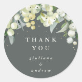 Grijze groene sneeuwbes + eucalyptus bruiloft dank ronde sticker (Voorkant)