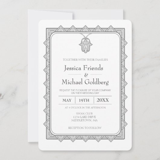 Grijze Hamsa geometrische bruiloft uitnodiging (Voorkant)