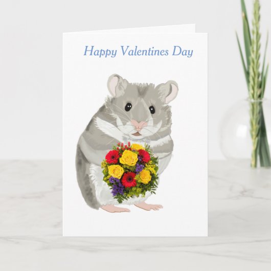 Grijze hamster met een boeket bewerkbare Valentijn Feestdagen Kaart (Voorkant)