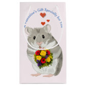 Grijze hamster met een boeket bewerkbare Valentijn Klein Cadeauzakje (Achterkant)