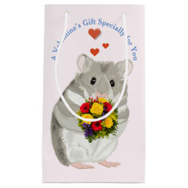 Grijze hamster met een boeket bewerkbare Valentijn Klein Cadeauzakje