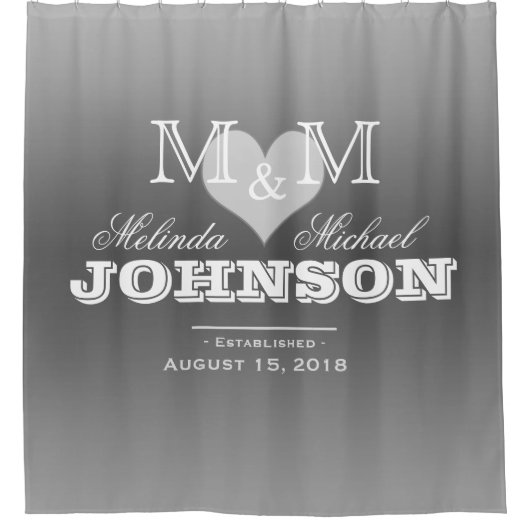 Grijze Hart Monogram Huwelijk Douchegordijn (Voorkant)