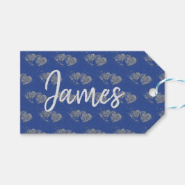 Grijze harten, blauwe jeans look, gepersonaliseerd cadeaulabel