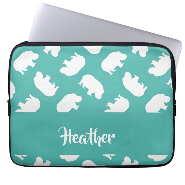 Grijze hippo silhouette op blauwgroen laptop sleeve (Voorkant)