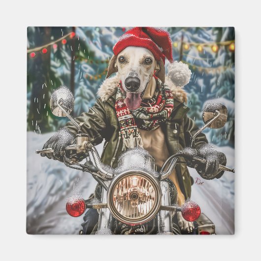 Grijze Hond Die op Motorfiets Rijdt Kerst Magneet (Voorkant)