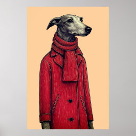 Grijze hond in rode winterjas, gestileerde tekenin poster