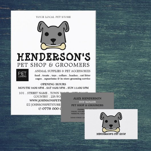 Grijze hond met bot, huisdierwinkel en brommers flyer