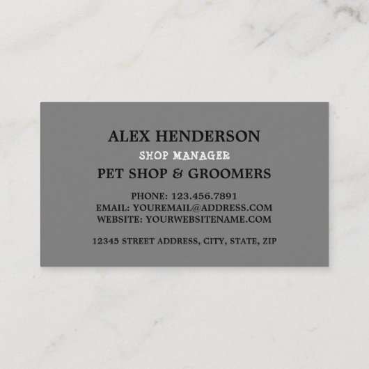 Grijze hond met bot, huisdierwinkel en brommers visitekaartje (Achterkant)