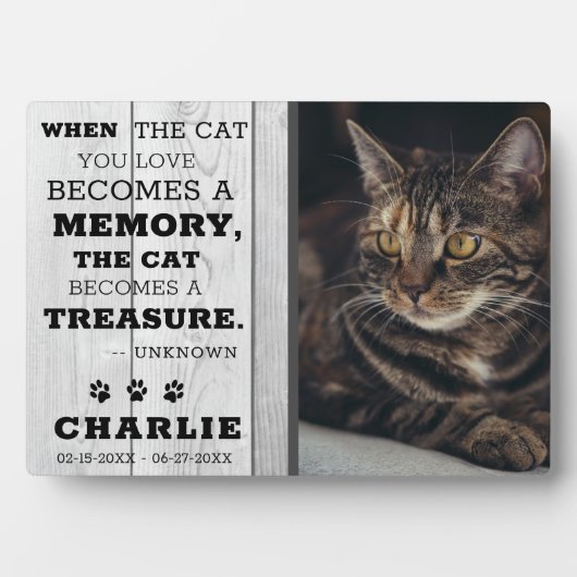 Grijze houten kat gedenkplaat met foto  fotoplaat (voorkant)