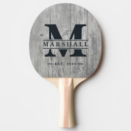 Grijze houten monogram en naamoverlay tafeltennisbatje