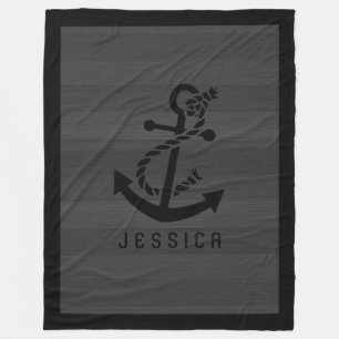 Grijze houten planken zwart nautisch anker fleece deken