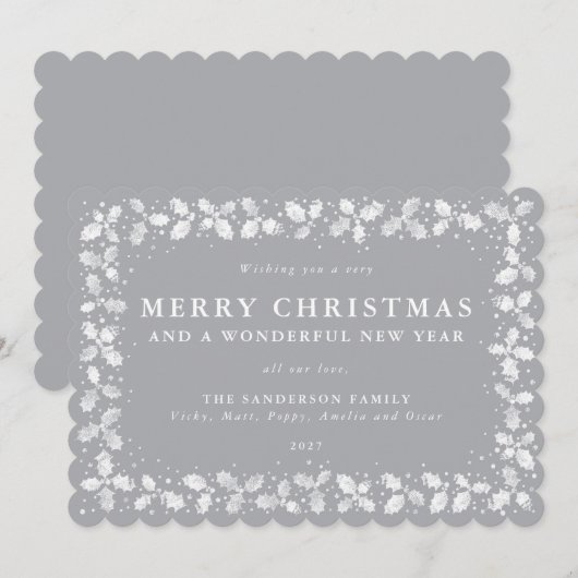 Grijze hulstblaadjesrand plat niet-foto feestdagenkaart (Voorkant / Achterkant)