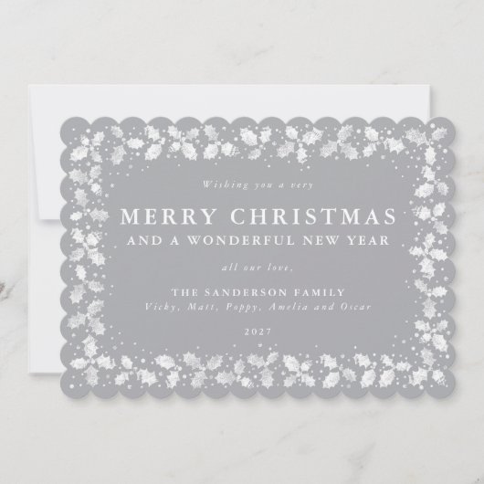 Grijze hulstblaadjesrand plat niet-foto feestdagenkaart (Voorkant)