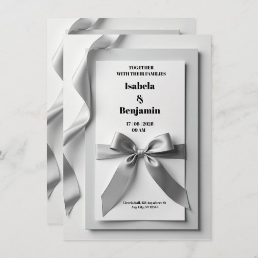 Grijze huwelijksuitnodiging met satijnen lint kaart (Voorkant / Achterkant)