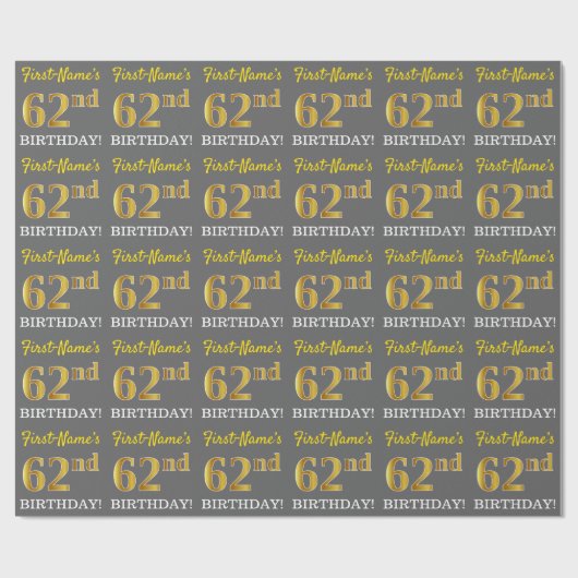 Grijze, imitatie Gold look "62e BIRTHDAY" Cadeaupapier (Vlak)