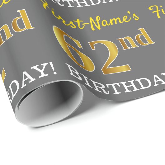 Grijze, imitatie Gold look "62e BIRTHDAY" Cadeaupapier (Rol Hoek)