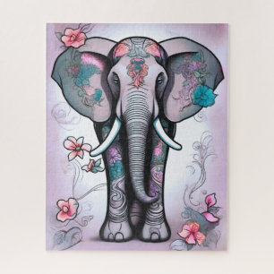 Grijze Indiase olifant verfraaid met bloemen Legpuzzel