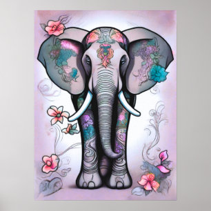 Grijze Indiase olifant verfraaid met bloemen Poster