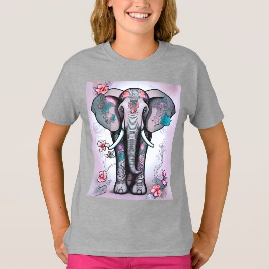 Grijze Indiase olifant verfraaid met bloemen T-shirt (Voorkant)