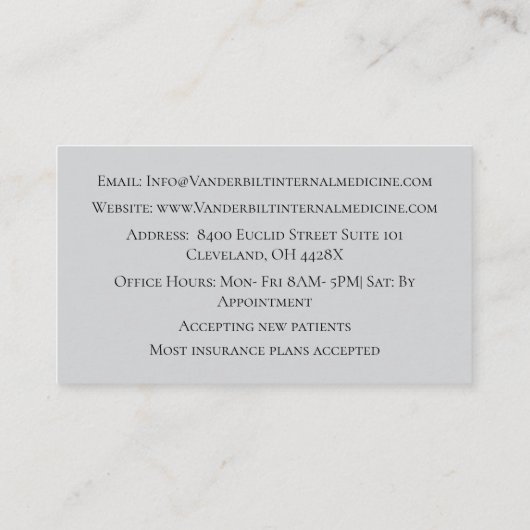 Grijze internist DR Menselijk Lichaam Interne Gene Visitekaartje (Achterkant)