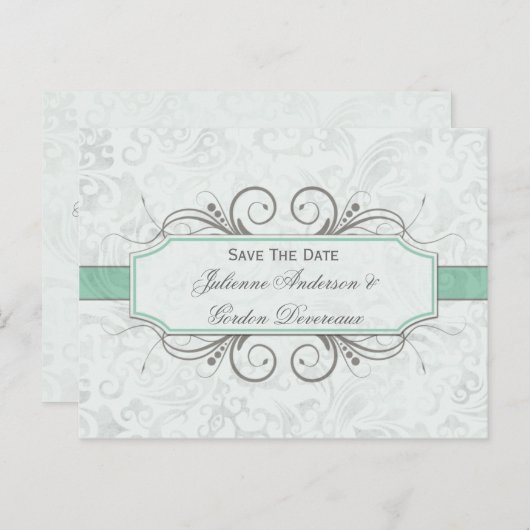 Grijze Jade en Grijze Damast Save The Date Aankondigingskaart (Voorkant / Achterkant)