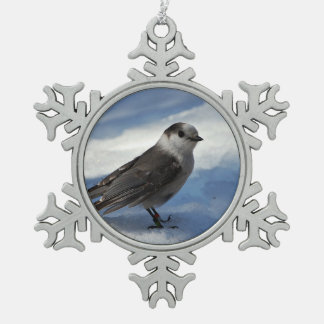 Grijze Jay in de sneeuw Tin Sneeuwvlok Ornament