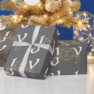 Grijze Joy Peace Love Gold Klassieke kerst Cadeaupapier