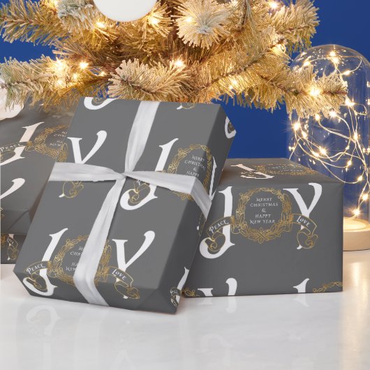 Grijze  Joy Peace Love Gold Klassieke kerst Cadeaupapier (Feestdagen)