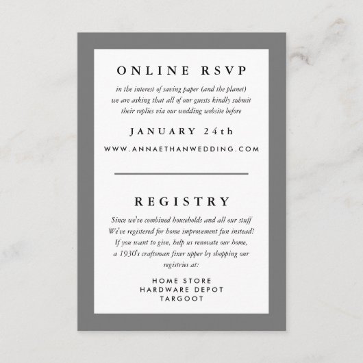 Grijze kader trouwreactie RSVP en register Informatiekaartje (Voorkant)
