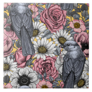 Grijze kaken en bloemen tegeltje