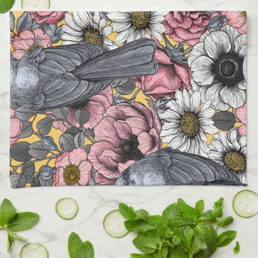 Grijze kaken en bloemen theedoek (Gevouwen)