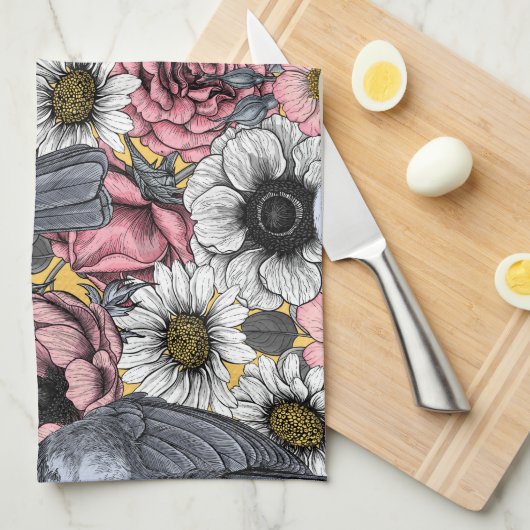 Grijze kaken en bloemen theedoek (Quarter Fold)