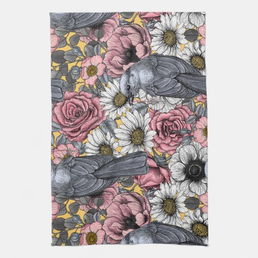 Grijze kaken en bloemen theedoek (Verticaal)