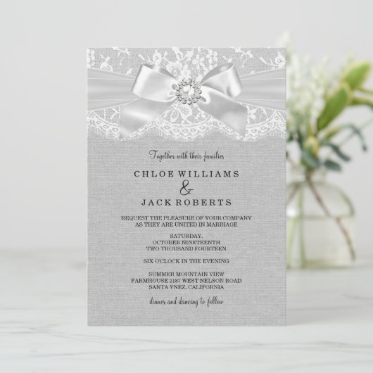 grijze kant en bruiloft uitnodiging (Staand voorkant)