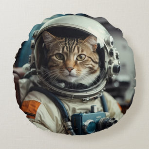 Grijze kat astronaut in de ruimte rond kussen