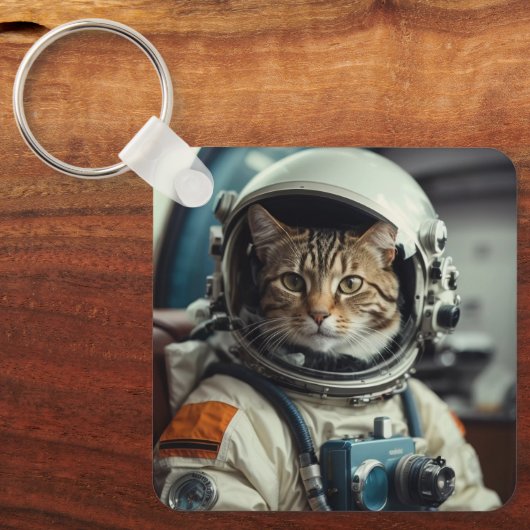 Grijze kat astronaut in de ruimte sleutelhanger (Voorkant)