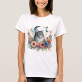 Grijze Kat Blauwe Vlinder Bloemen T-shirt (Voorkant)