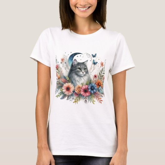 Grijze Kat Blauwe Vlinder Bloemen T-shirt (Voorkant)