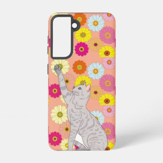 Grijze Kat die naar Bloemen Reikt Samsung Galaxy H Hoesje