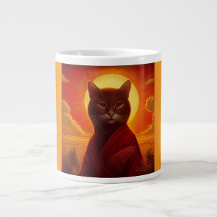 Grijze kat draagt modieuze mantel in zonsondergang grote koffiekop