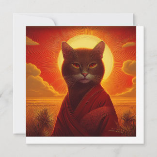 Grijze kat draagt modieuze mantel in zonsondergang kaart