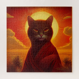Grijze kat draagt modieuze mantel in zonsondergang legpuzzel