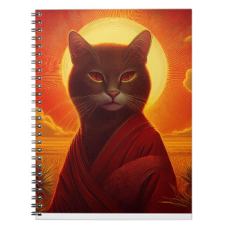 Grijze kat draagt modieuze mantel in zonsondergang notitieboek