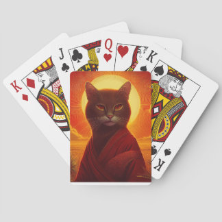 Grijze kat draagt modieuze mantel in zonsondergang pokerkaarten