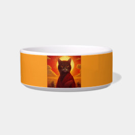 Grijze kat draagt modieuze mantel in zonsondergang voerbakje