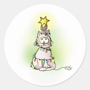 Grijze kat en muis met kerstlicht ronde sticker