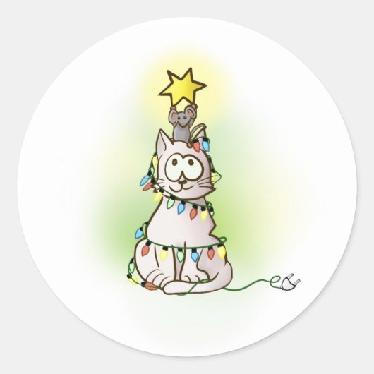 Grijze kat en muis met kerstlicht ronde sticker (Voorkant)